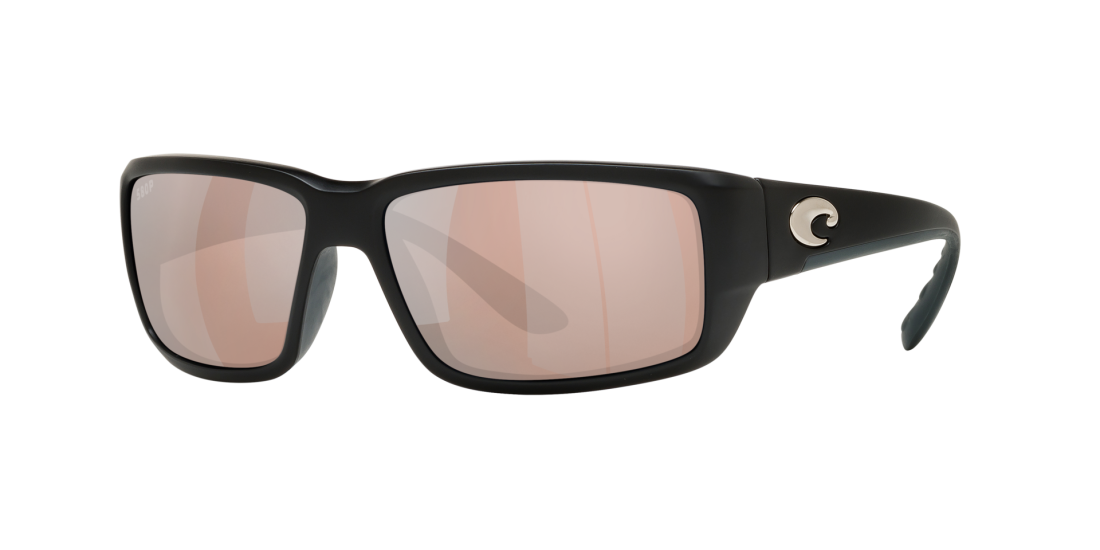Costa Fantail Matte Black (Low Bridge Fit) sunglasses with copper silver mirror 580g lenses (quarter view)
