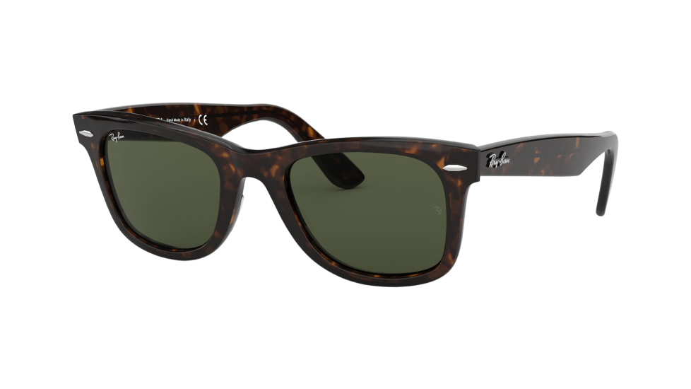 Ray-Ban RB2140F Wayfarer Tortoise 52 Eyesize (Low Bridge Fit) sunglasses with crystal green lenses (quarter view)