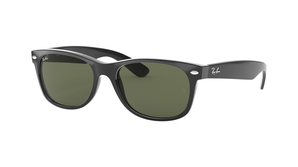 Ray-Ban RB2132F New Wayfarer Black 55 Eyesize (Low Bridge Fit) sunglasses with crystal green lenses (quarter view)