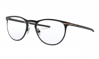 Oakley Money Clip Config metal Rx prescription eyeglasses in black with gold accents at diagonal facing view