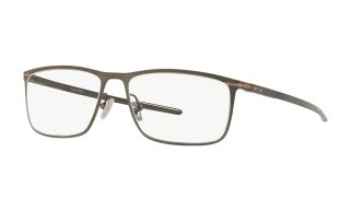 OAKLEY TIE BAR Rx prescription eyeglasses in brown metal frame at diagonal facing view